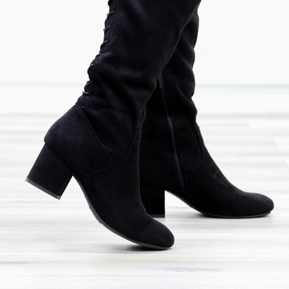 Over The Knee Block Heel Boots With Lace Up Back - Picture 14 of 16